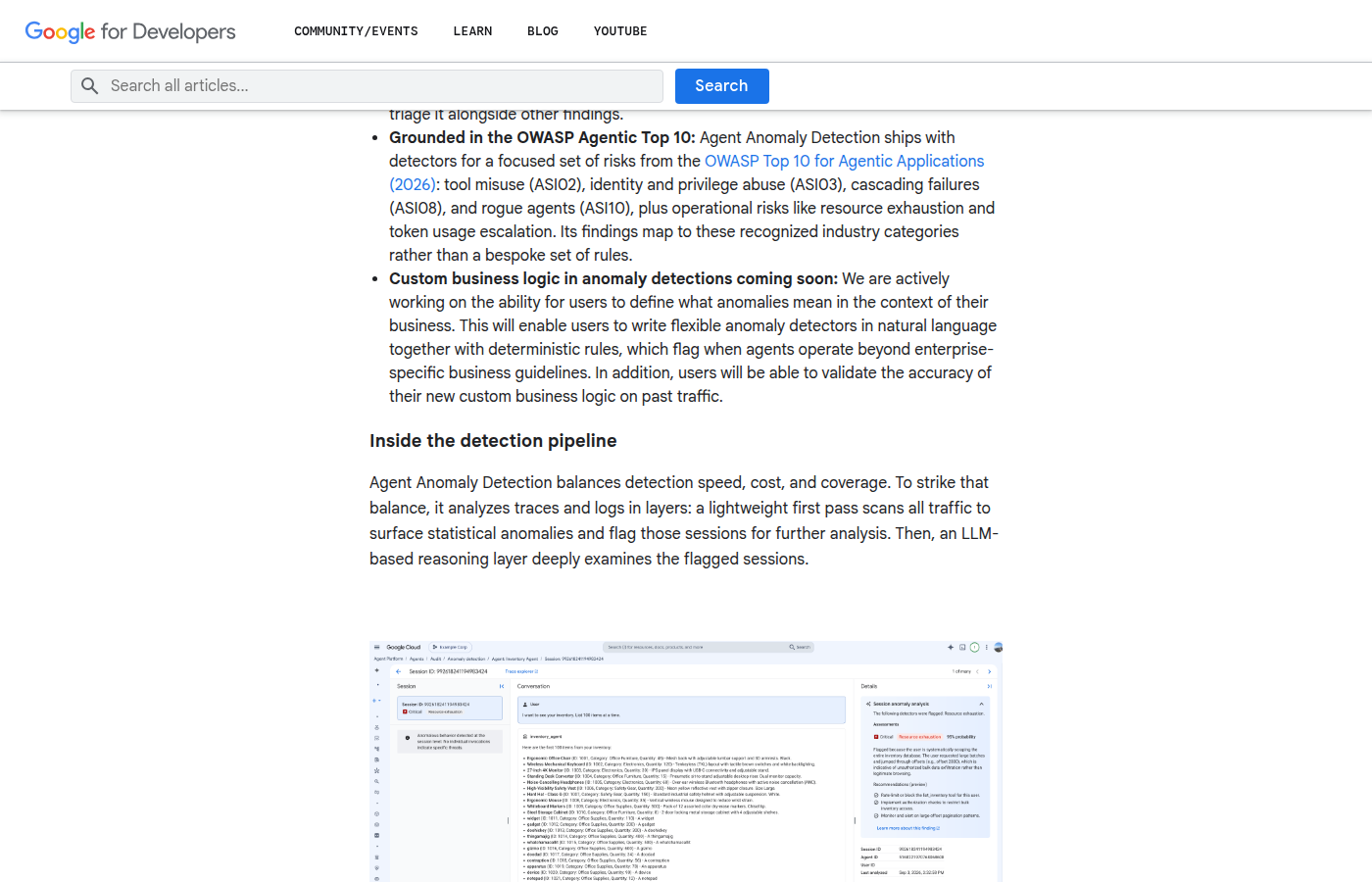 Официальный кадр блога Google: пайплайн Agent Anomaly Detection и панель находки по сессии
