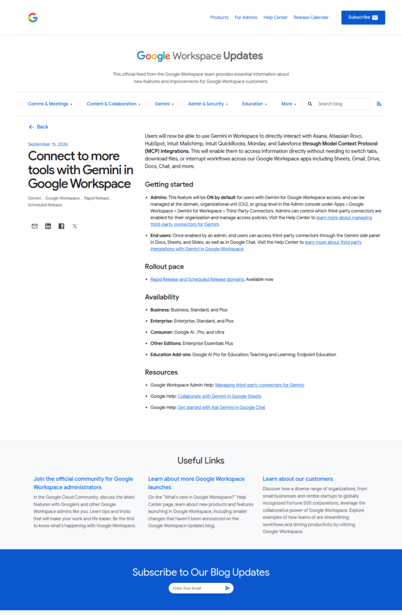 Анонс MCP-коннекторов Gemini в блоге Google Workspace Updates от 15 сентября 2026 года