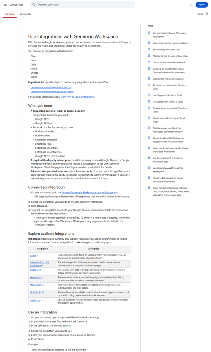 Справка Gmail: интеграции Gemini сейчас только читают данные и не меняют сторонние приложения