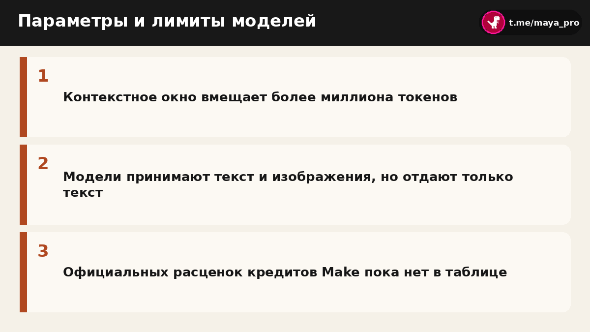 Сводка технических параметров и ограничений новых моделей в Make