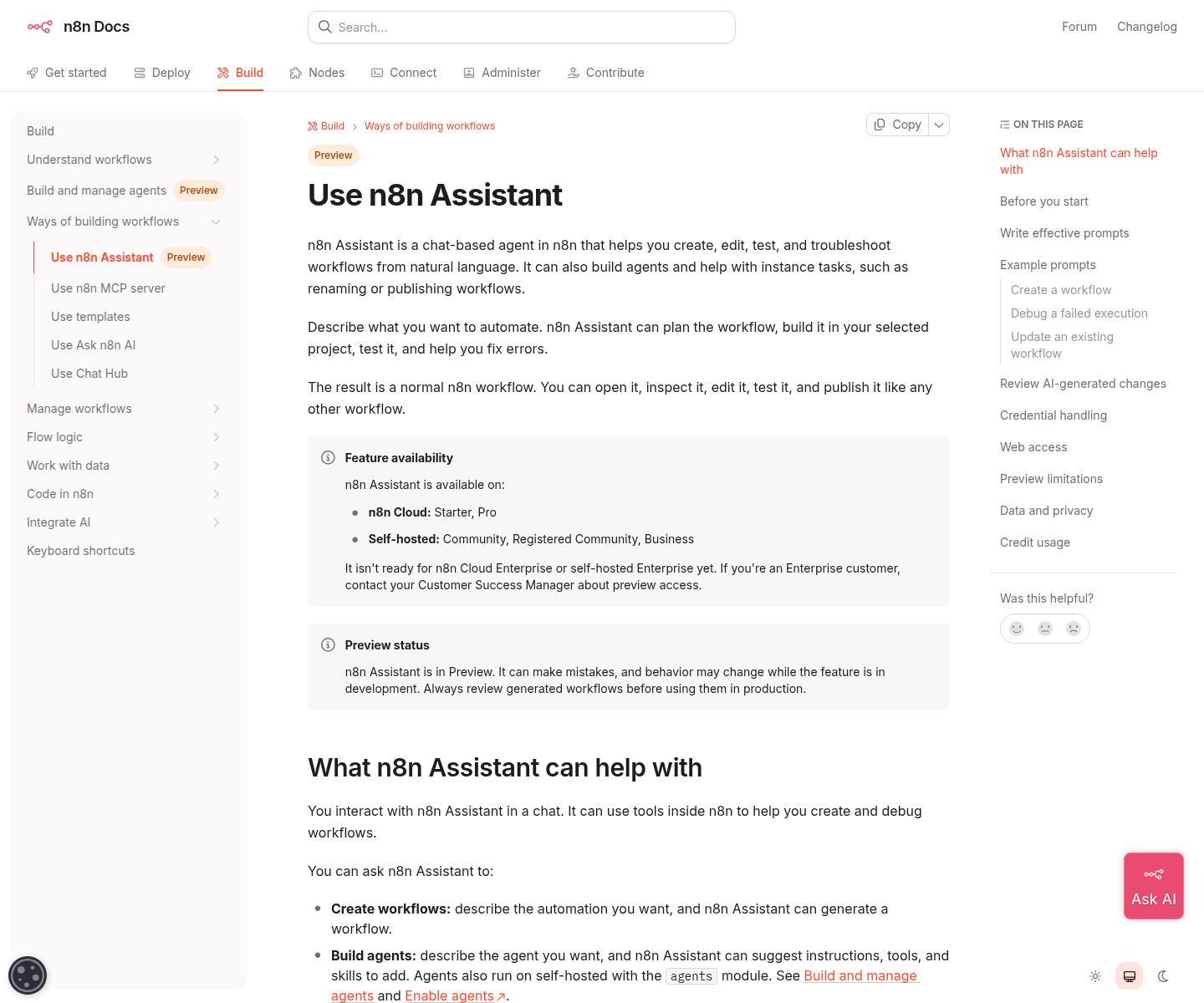 Документация n8n Assistant: превью, облако Starter и Pro, на выходе обычный сценарий