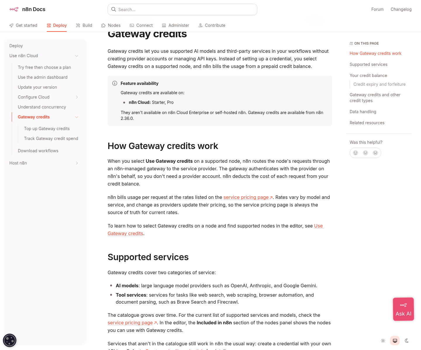 Документация n8n: Gateway credits на Cloud Starter и Pro с 2.36.0, не на Enterprise и self-hosted
