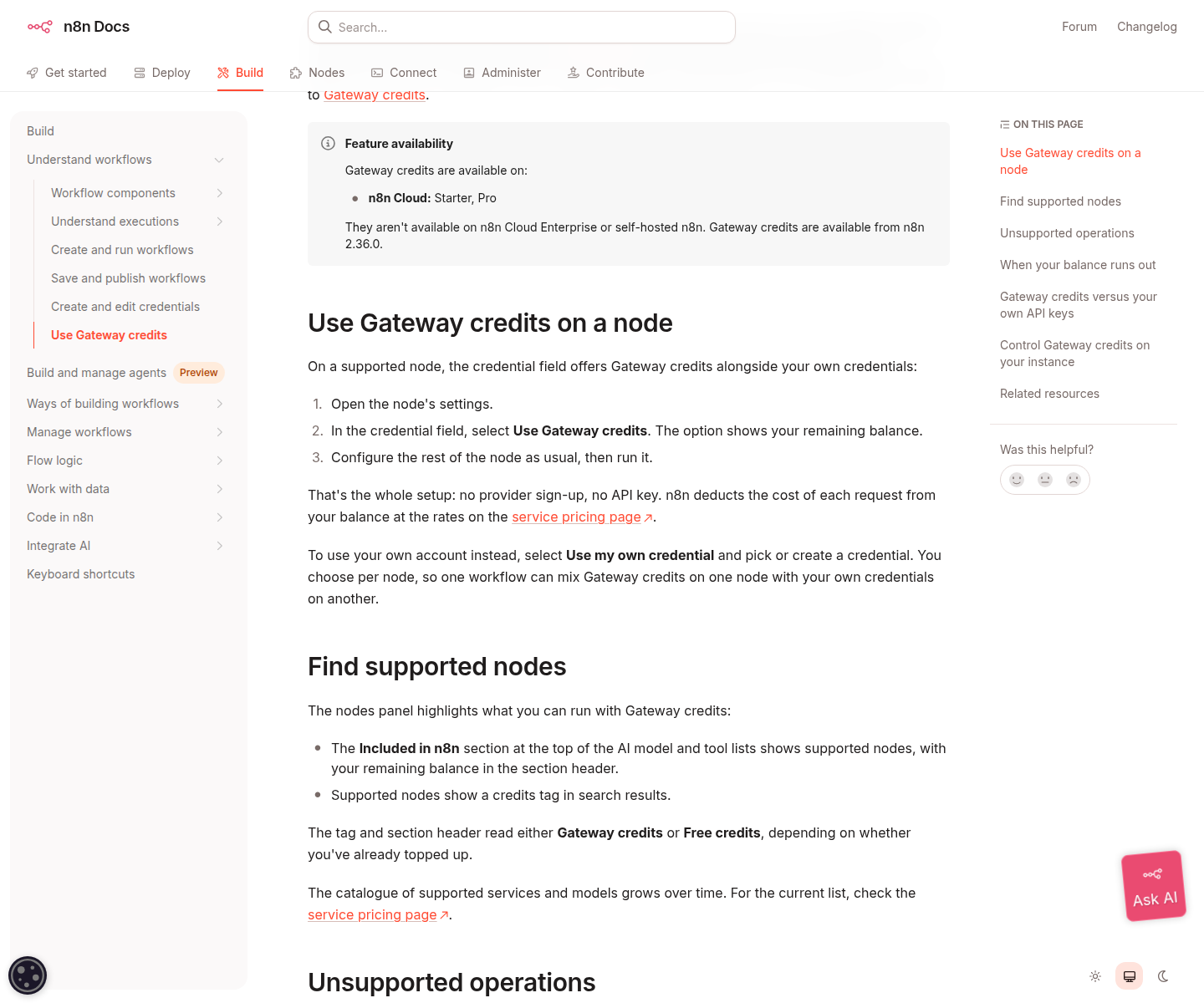 Документация: как выбрать Use Gateway credits в поле ключа узла и увидеть остаток