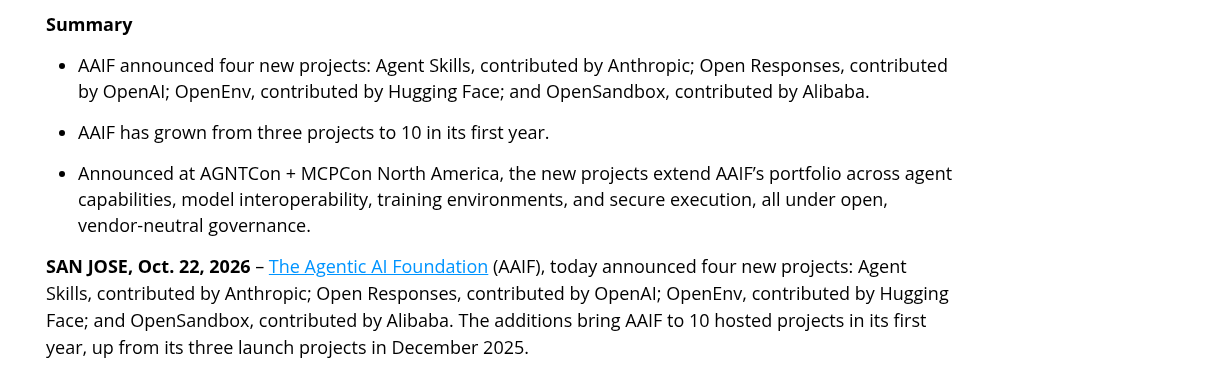 Пресс-релиз Linux Foundation от 22 октября 2026 года о включении Agent Skills и ещё трёх проектов в состав фонда AAIF