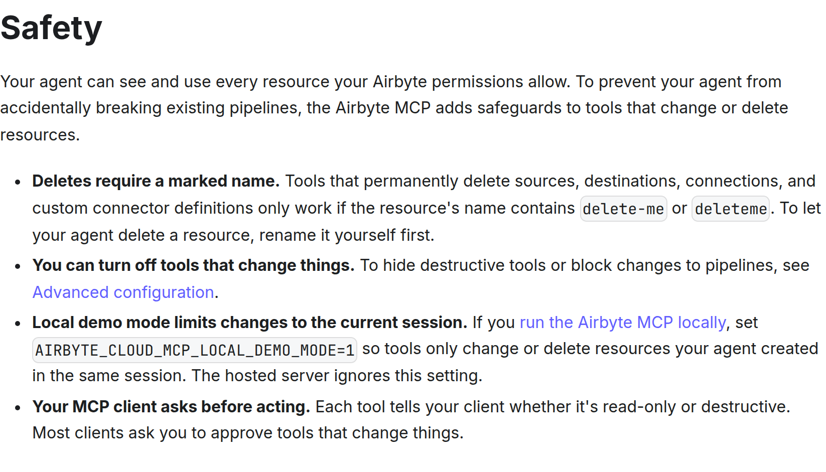 Раздел документации Airbyte с правилами безопасности и защитой от случайного удаления.