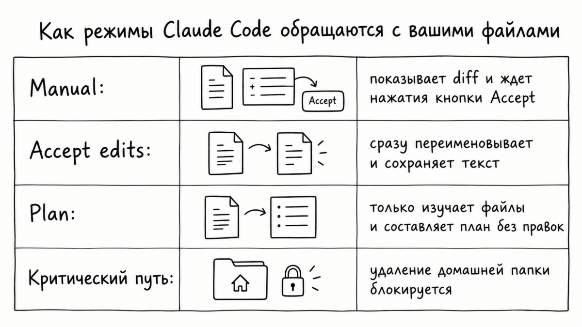 Сравнение режимов Manual, Accept edits и Plan при работе агента Claude Code с файлами