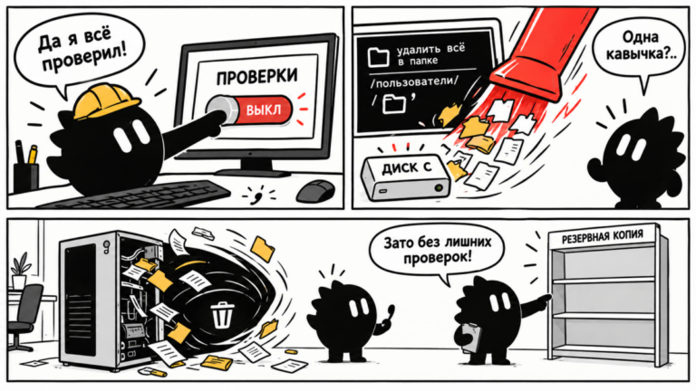 Иллюстрация: разработчик перед монитором с терминалом после удаления файлов на диске C
