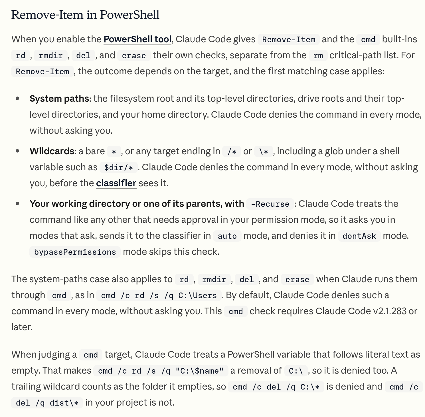 Раздел документации о блокировке опасных команд удаления в PowerShell