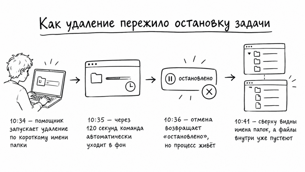 Схема хронологии сбоя в Claude Code: от запуска команды удаления в 10:34 и её перевода в фон до ложного отчёта о сохранности папок в 10:41