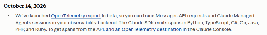 Раздел заметок о релизе Claude Platform с анонсом экспорта OpenTelemetry