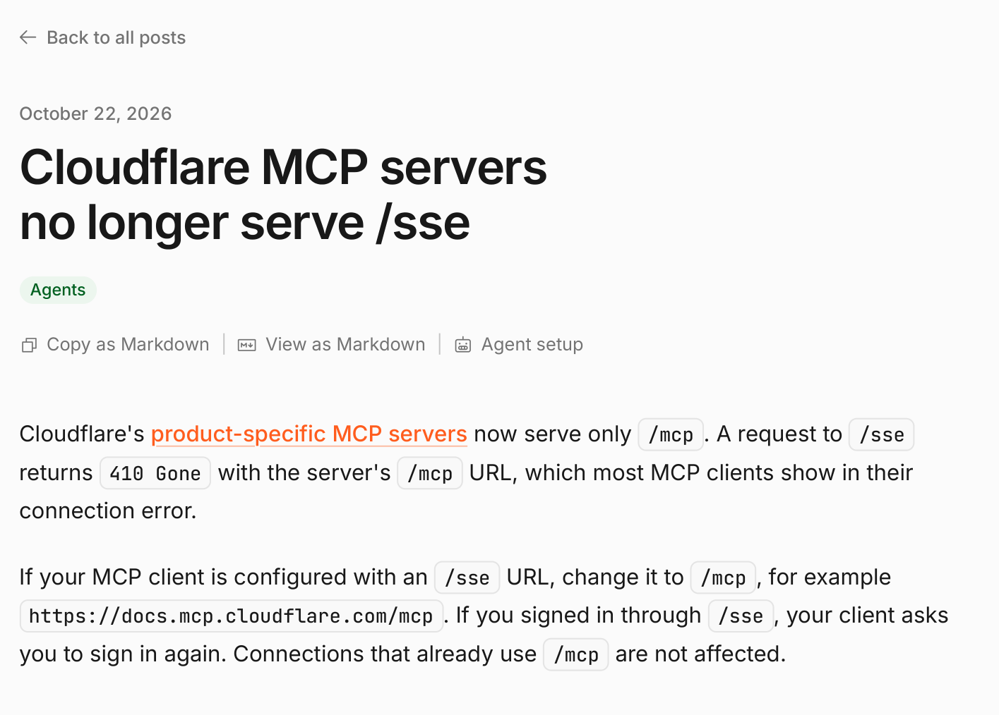 Запись в журнале изменений Cloudflare от 22 октября 2026 года об отключении пути /sse на продуктовых MCP-серверах и переходе на /mcp
