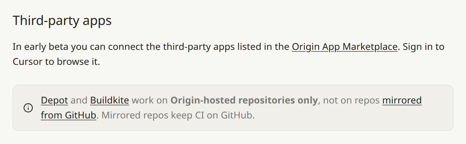 Документация сторонних приложений в Cursor Origin с пояснением работы CI на репозиториях платформы