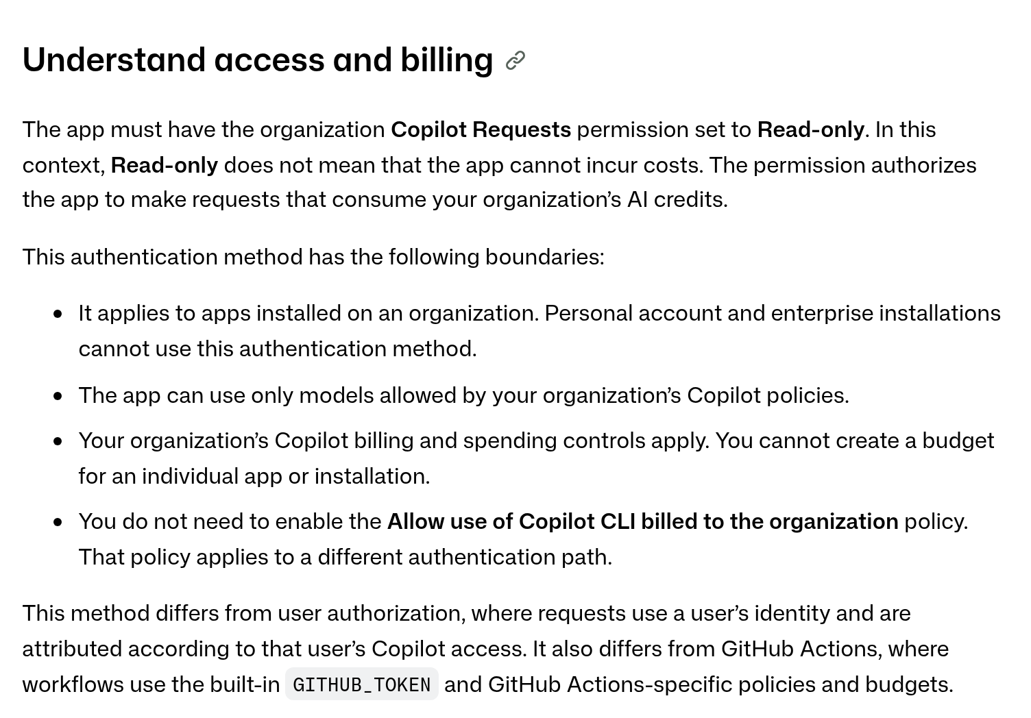 Раздел документации GitHub об управлении доступом приложений и списании кредитов при праве только для чтения