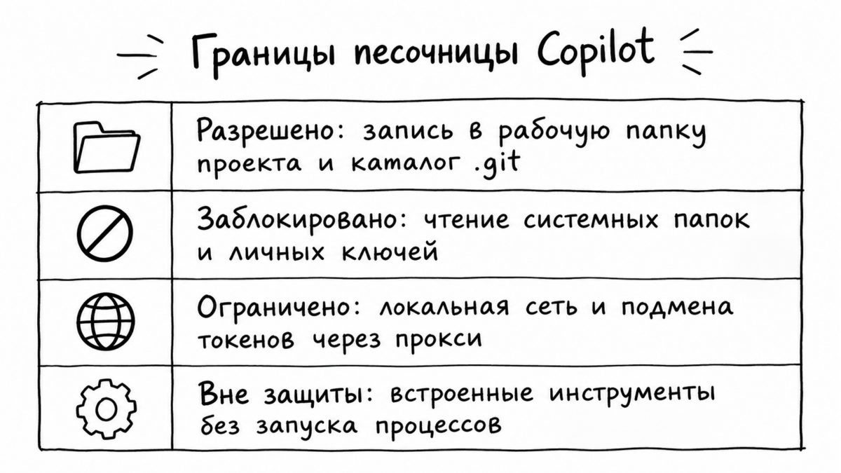 Схема ограничений локальной песочницы GitHub Copilot для файлов, сети и ключей