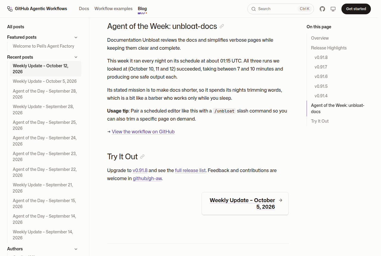 Официальный блог GitHub с анонсом агента недели unbloat-docs