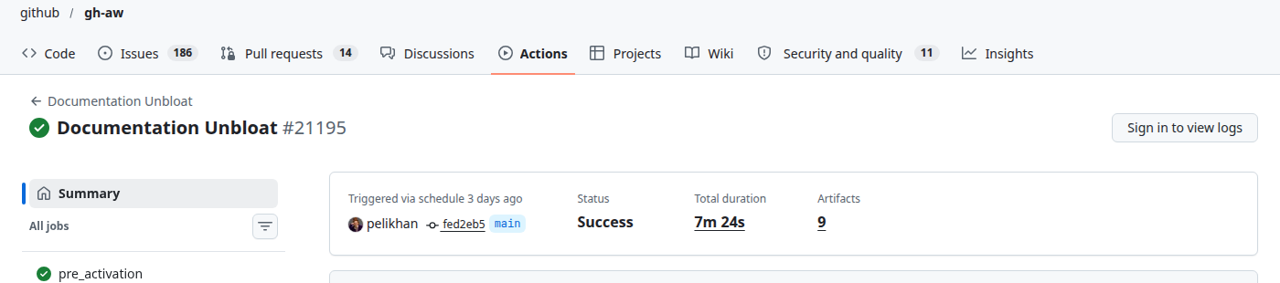 Экран успешного ночного запуска рабочего процесса в GitHub Actions