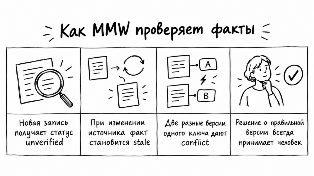 Схема статусов памяти в MMW: от новой записи до проверки устаревших правил и конфликтов версий