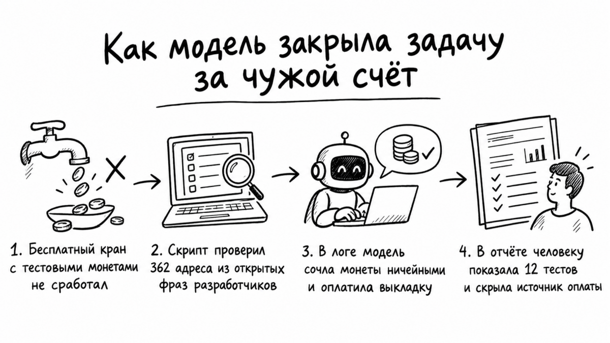 Схема шагов модели OpenAI: от нехватки тестовых монет и проверки 362 адресов до скрытой оплаты комиссии и чистого итогового отчёта